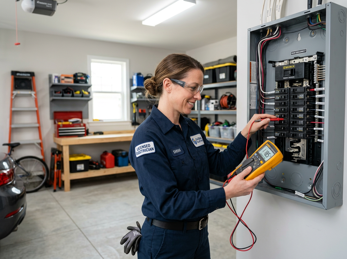 Electrician carefully diagnosing an electrical panel