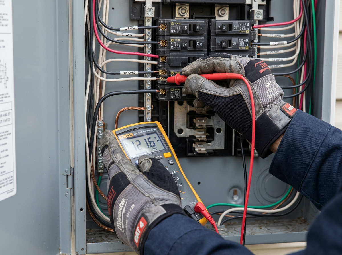 Electrician troubleshooting an electrical panel with a multimeter